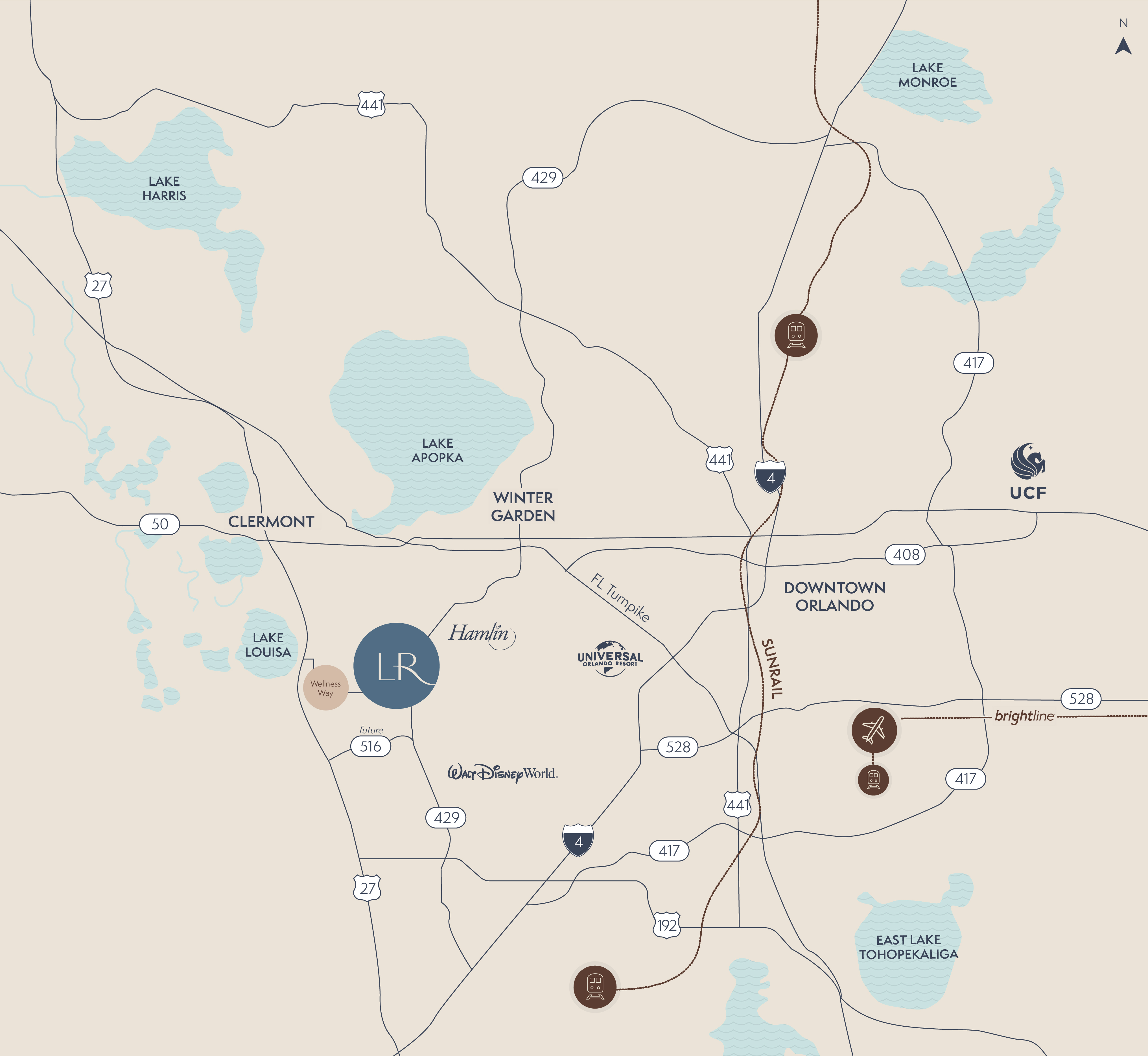Map showing points of interest near Lakeridge at Hamlin in Horizon West, Orlando