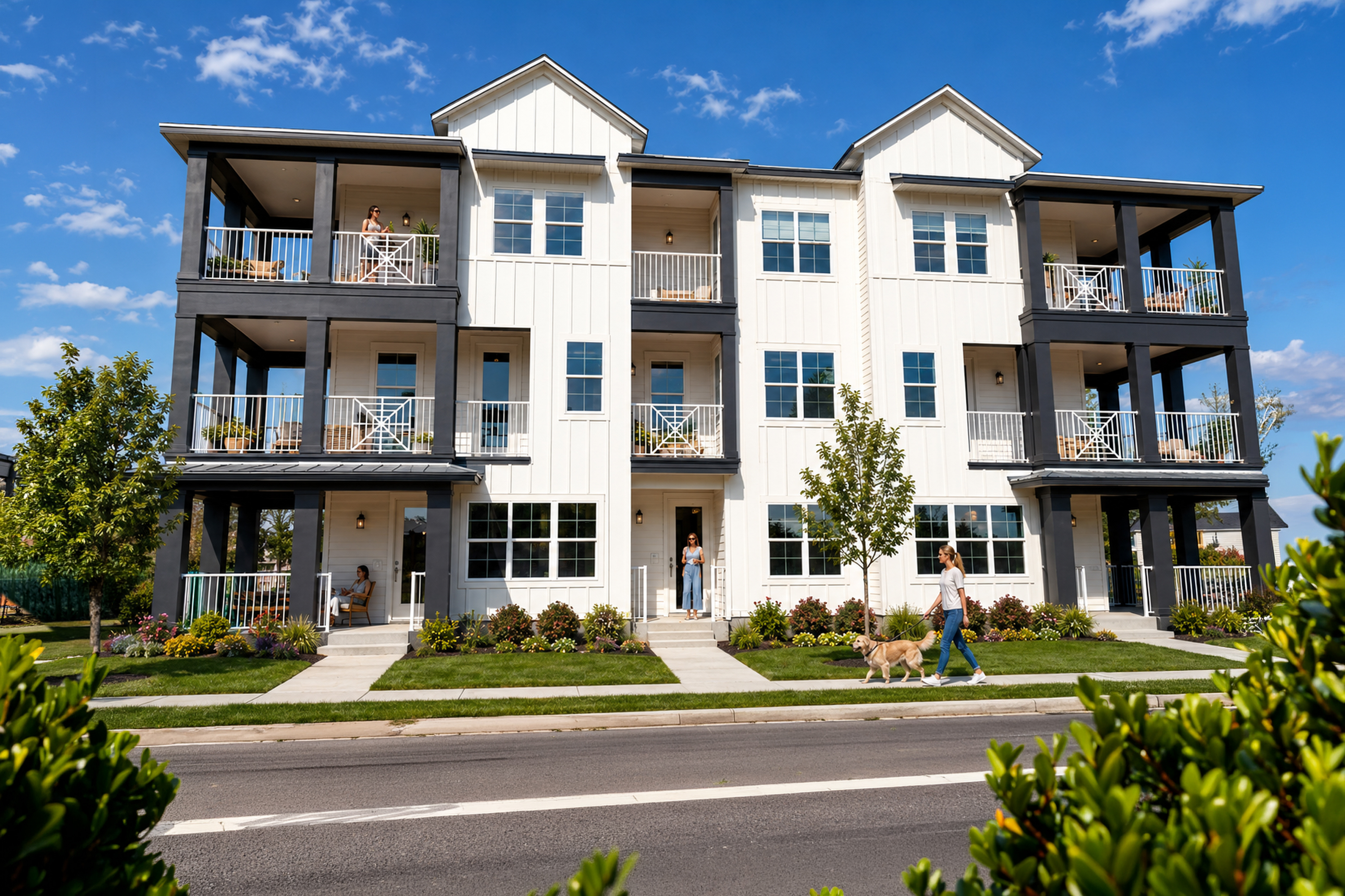 Exterior view of Lakeridge at Hamlin three-story townhome residences